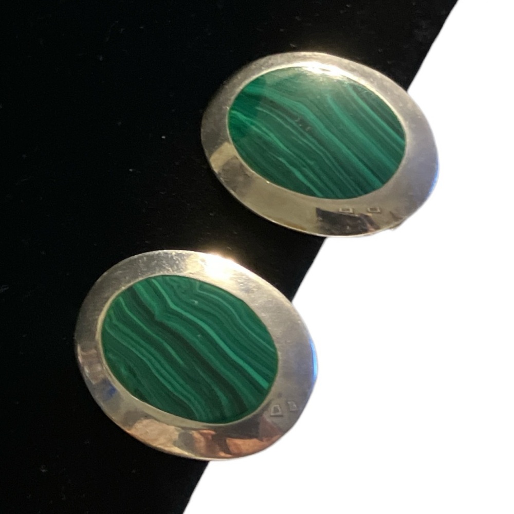 Malachite Inlay 925 Mexico Sterling Silver Clip-on Earrings
